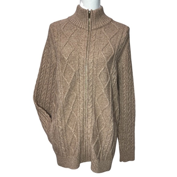 Lands End Women's 1X Plus Size Cable Knit Full Zip Mock Neck Cardigan Sweater - Picture 1 of 10